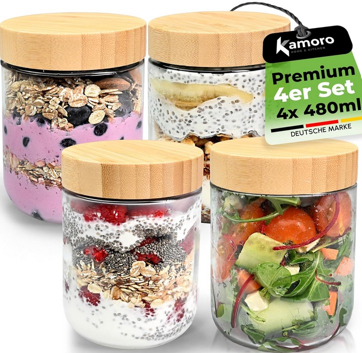 Glas Frischhaltedosen 4er Set mit nachhaltigem Bambus Deckel