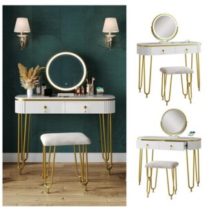 Schminktisch Grace, Weiß, 100 cm mit LED-Spiegel, QI-Ladestation und Hocker