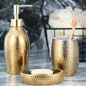 Seifenspender Set Gold, 3-TLG Badzubehör Set aus Keramik