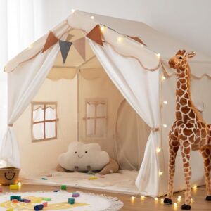 2 IN 1 Kinderzelt, Kinder Spielhaus Indoor mit Matte und Lichtern beige