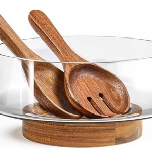Extra großes Salatschüssel-Set aus Glas mit Akazienholzboden