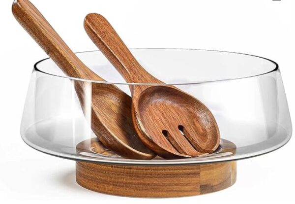 Extra großes Salatschüssel-Set aus Glas mit Akazienholzboden