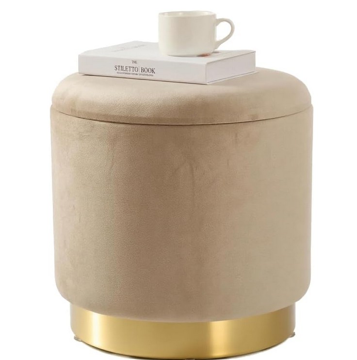 Beiger Samt-Sitzhocker mit Stauraum und goldenem Sockel