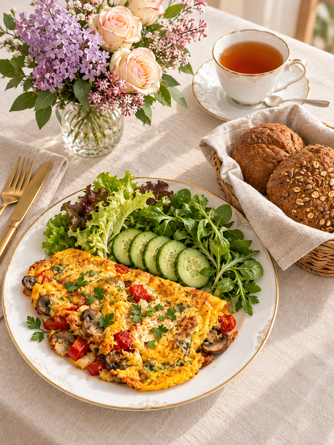 Brunchtisch mit Gemüse-Omelett, Salat, Brötchen und Tee