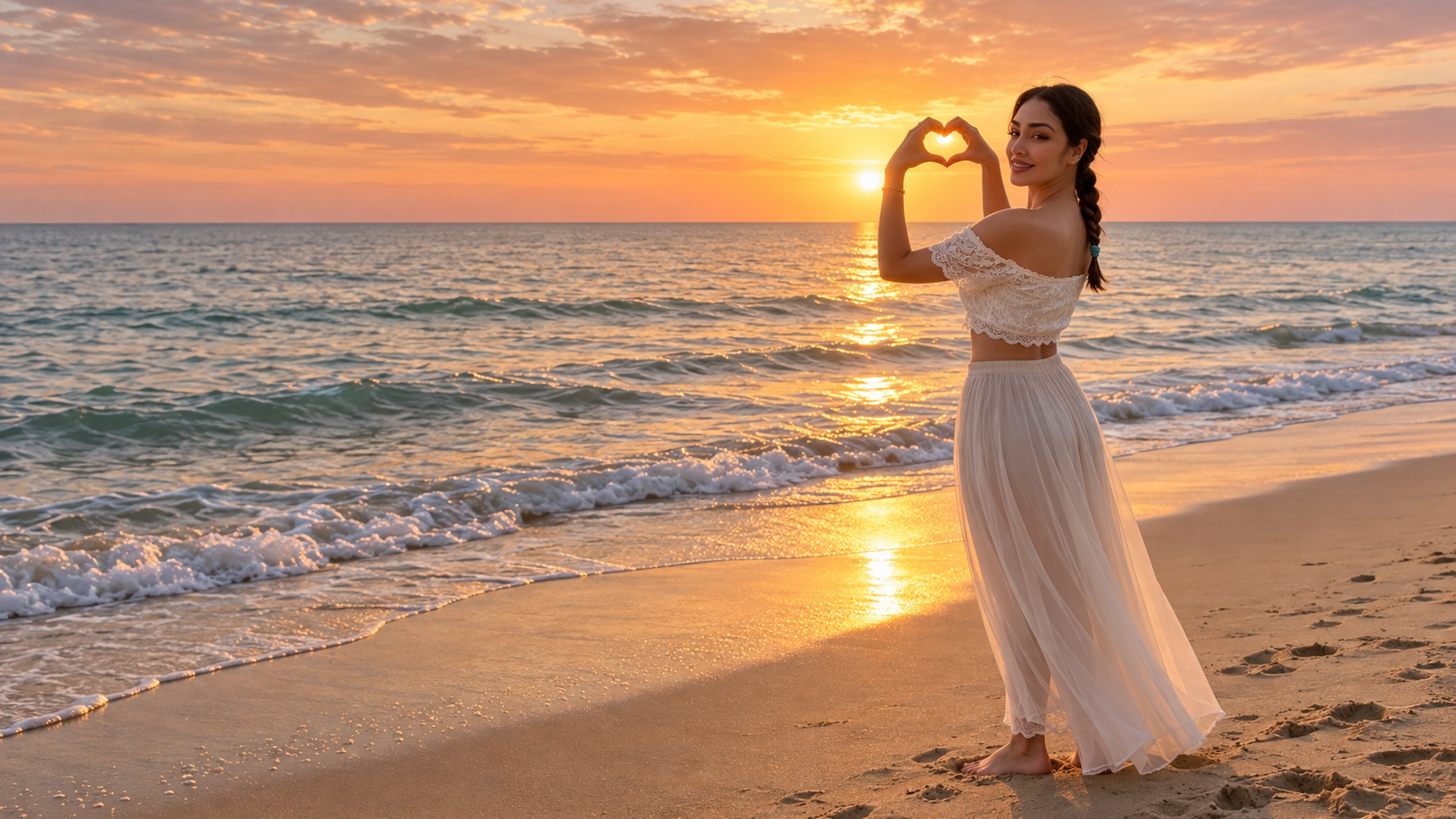 Sara am Meer bei Sonnenuntergang