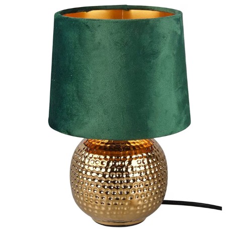 Tischlampe mit grünem Samtschirm und goldenem Fuß