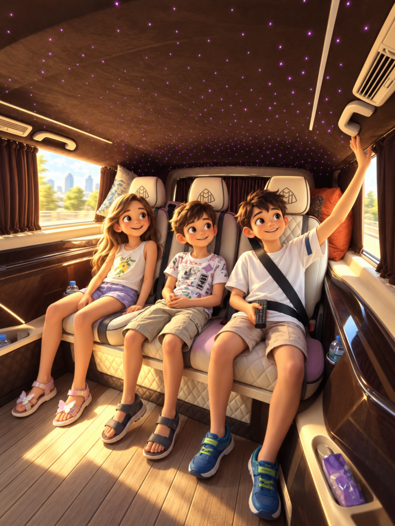 Drei Kinder als stilisierte Figuren in einem VIP-Transfer-Van