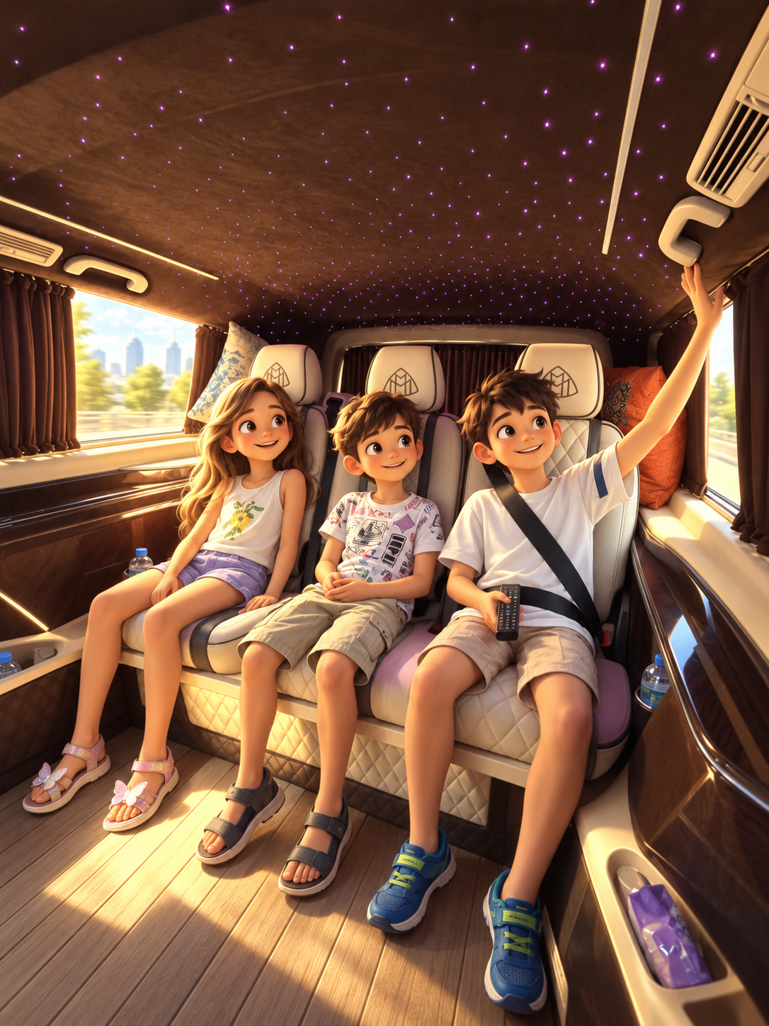 Stilisierte Illustration von drei Kindern im VIP-Van