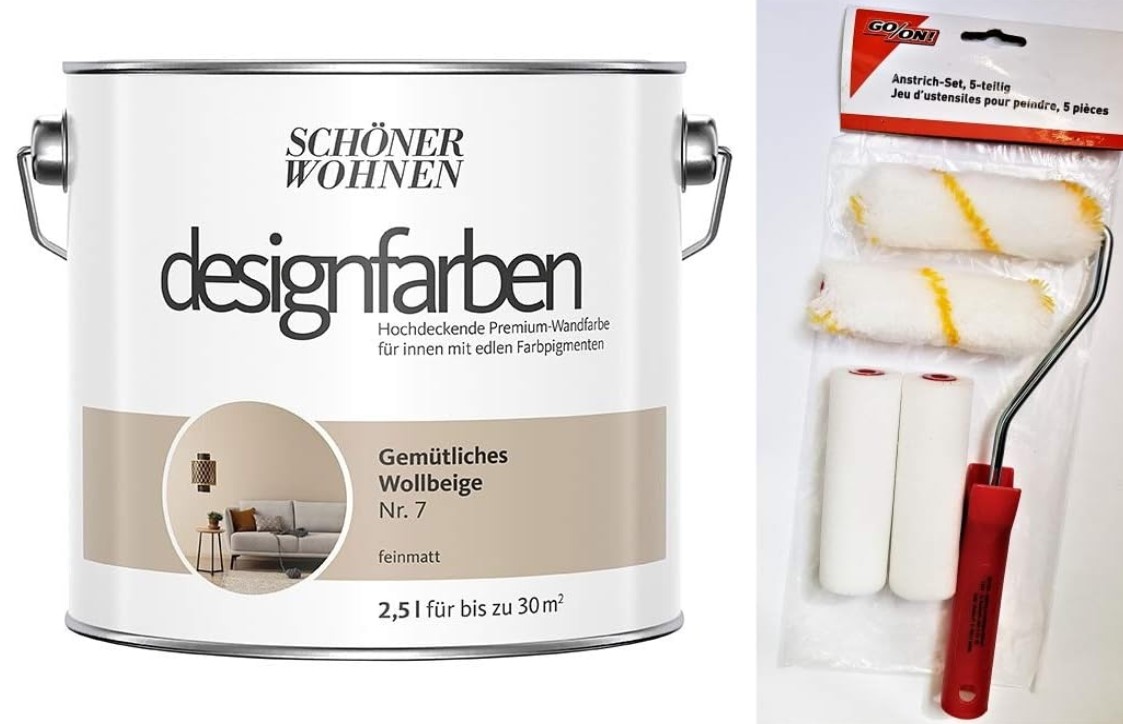 Schöner Wohnen Wandfarbe Gemütliches Wollbeige Nr. 7 mit Anstreichset